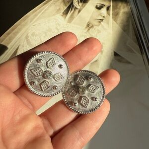 Vintage Castlecliff Silver-Tone Shield Earrings Regal Mid-Century Statement